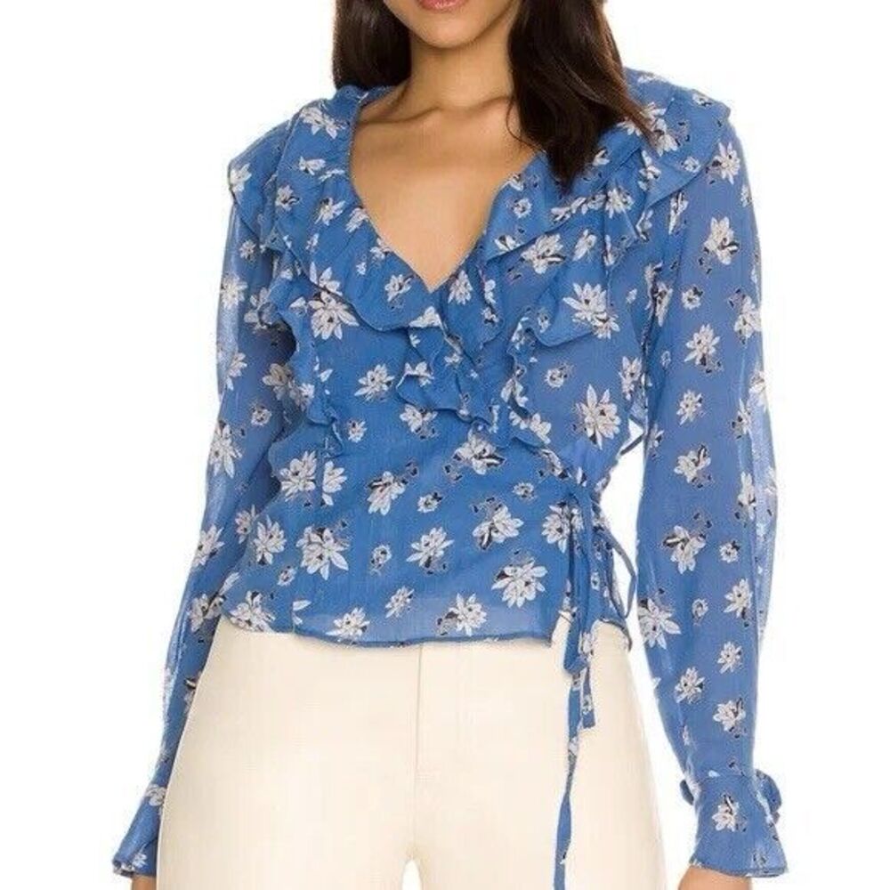 Free People Amanda Top Blue Ruffle Floral Long Sleeve Cotton Wrap Tie Size Small